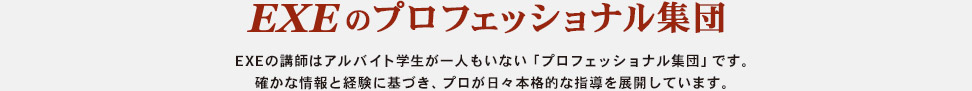 EXE（エグゼ）のプロフェッショナル集団
EXEの講師はアルバイト学生が一人もいない「プロフェッショナル集団」です。確かな情報と経験に基づき、プロが日々本格的な指導を展開しています。